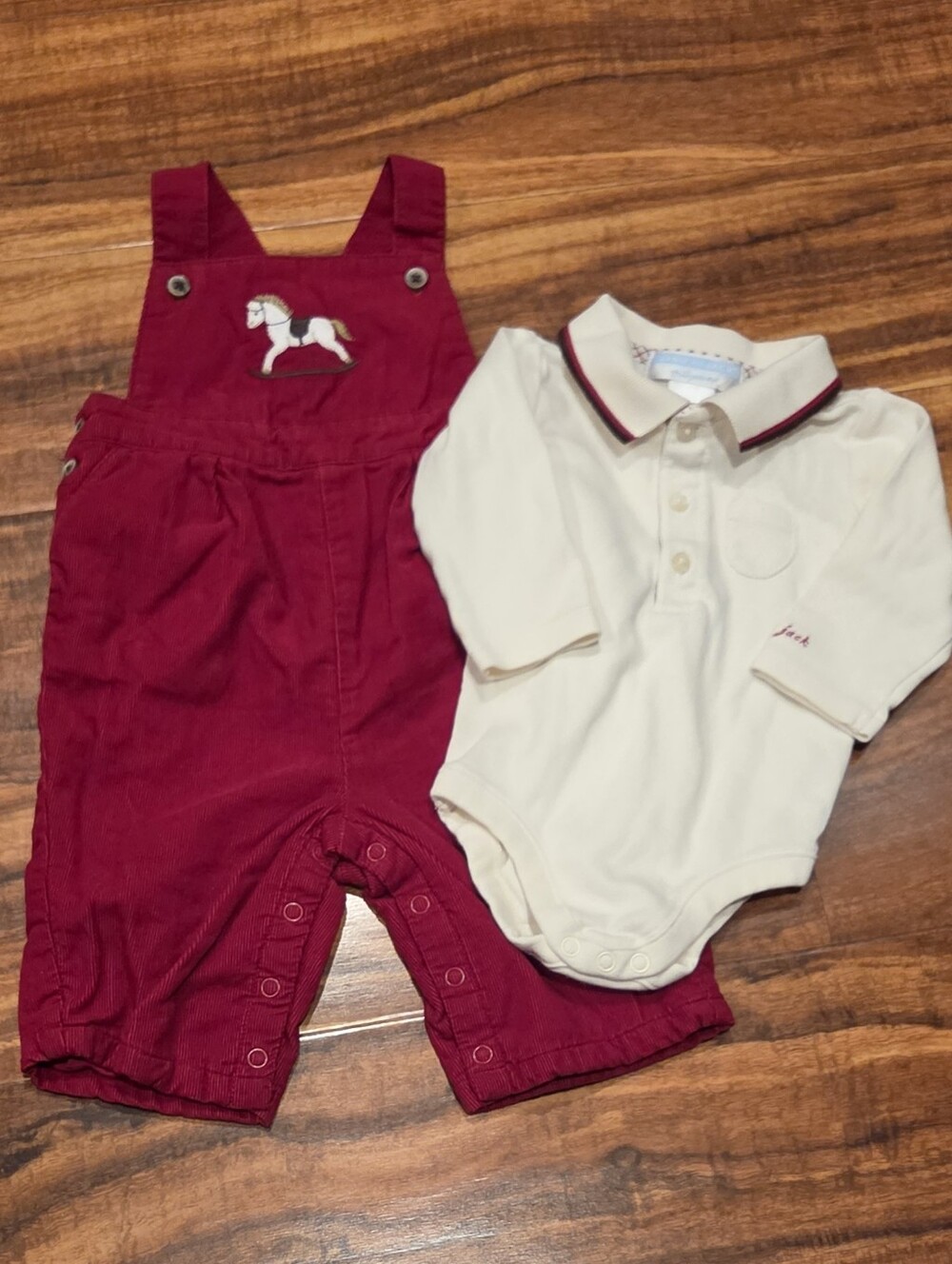 Janie and Jack EUC 0-3 Months Red Corduroy Overalls and Polo Bodysuit